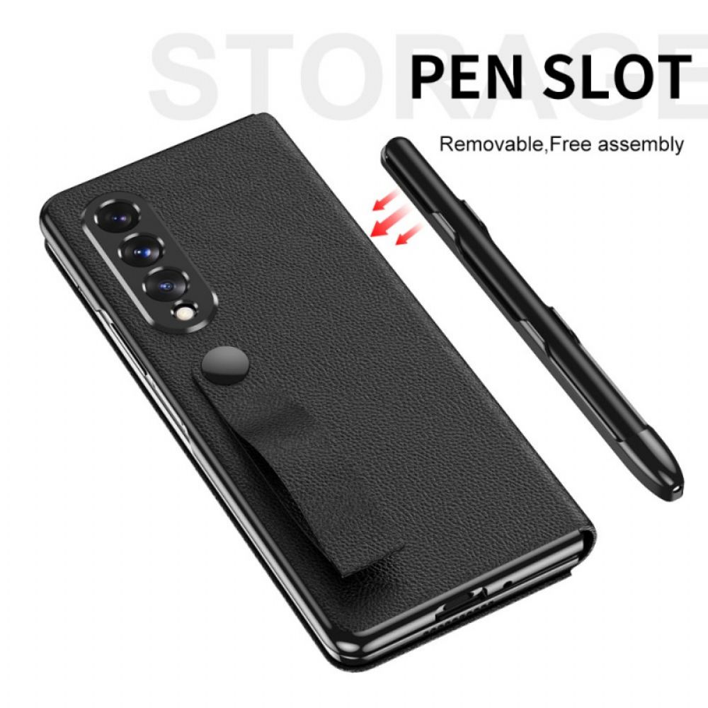 Schutzhülle Für Samsung Galaxy Z Fold 3 5G Flip Case Stylus-halter Und Riemen Im Litchi-leder-stil