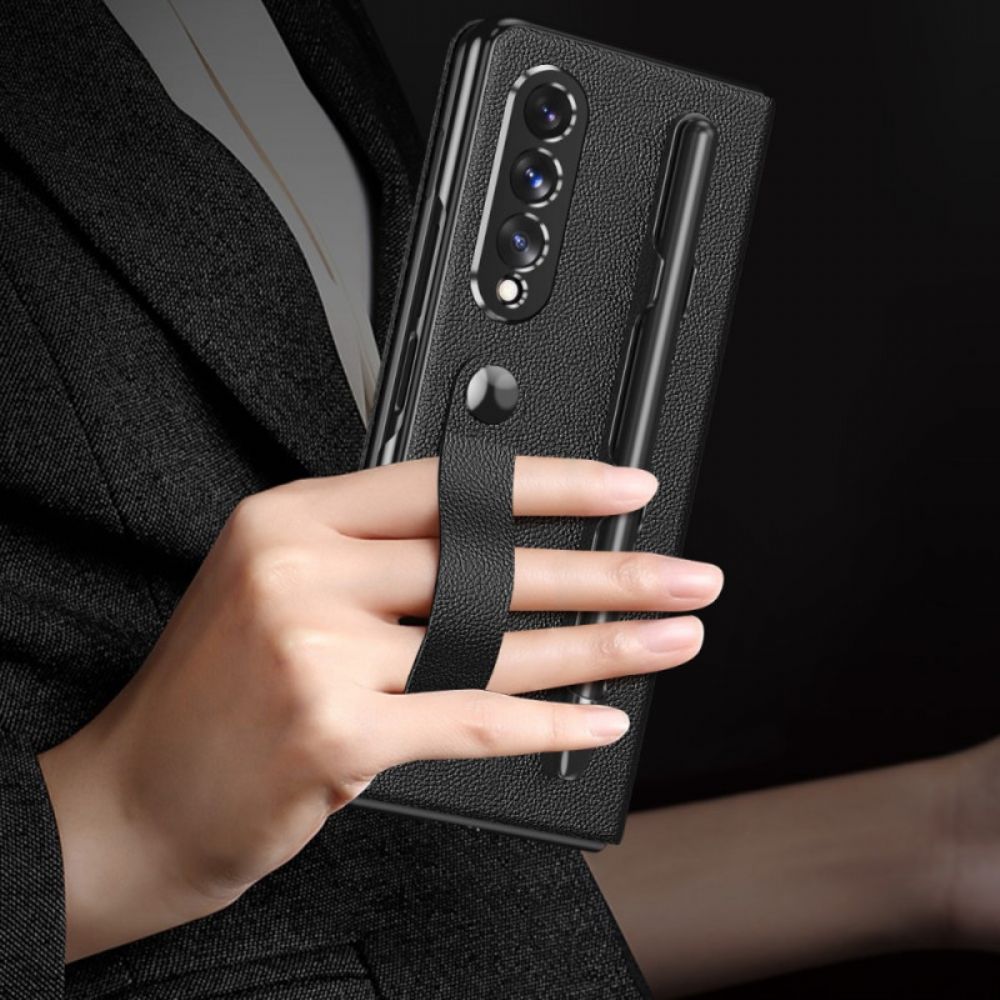 Schutzhülle Für Samsung Galaxy Z Fold 3 5G Flip Case Stylus-halter Und Riemen Im Litchi-leder-stil