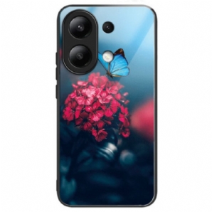 Hülle Xiaomi Redmi Note 13 4g Handyhülle Rote Blumen Und Schmetterlinge Aus Gehärtetem Glas