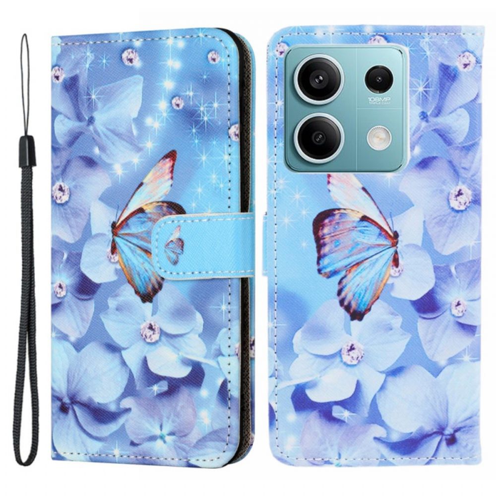 Lederhüllen Xiaomi Redmi Note 13 4g Blaue Blumen Und Schmetterling Mit Riemen