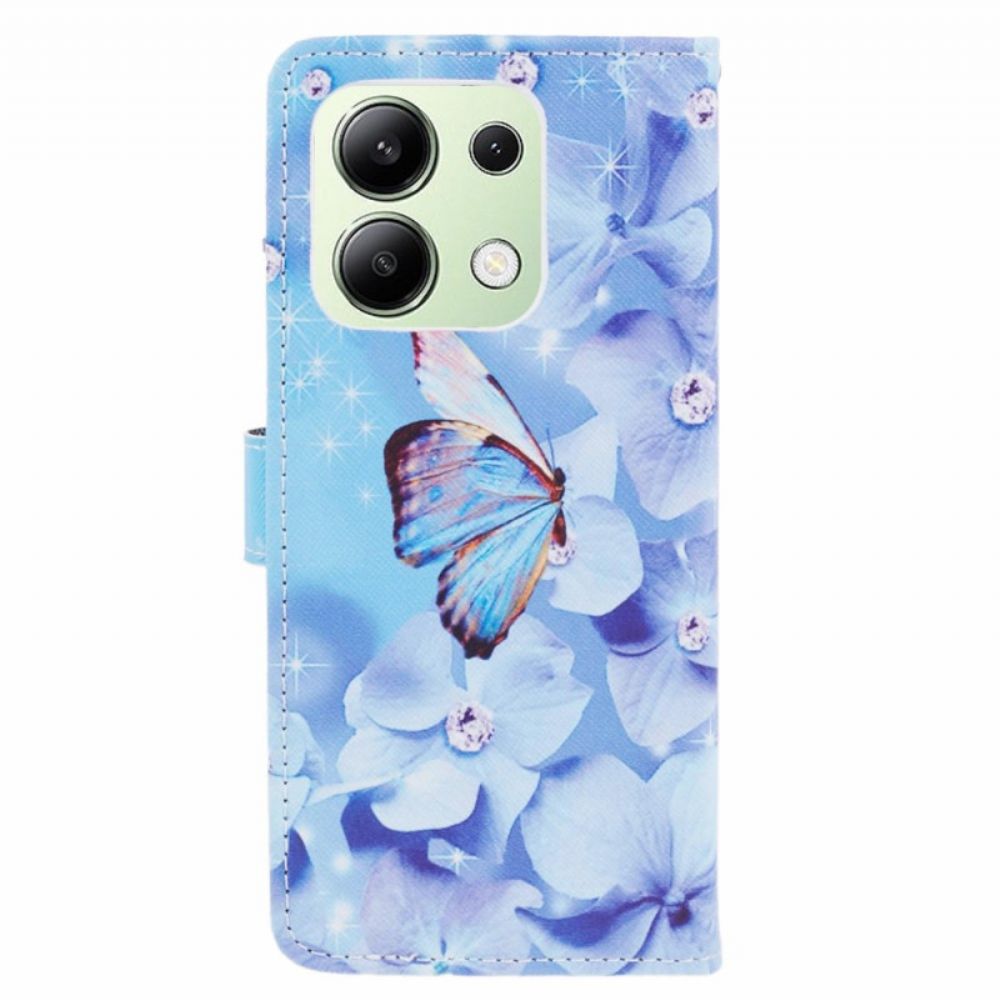 Lederhüllen Xiaomi Redmi Note 13 4g Blaue Blumen Und Schmetterling Mit Riemen