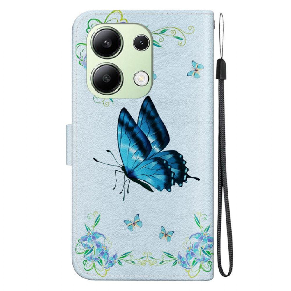 Lederhüllen Xiaomi Redmi Note 13 4g Handyhülle Blauer Schmetterling Und Blumen Mit Riemen