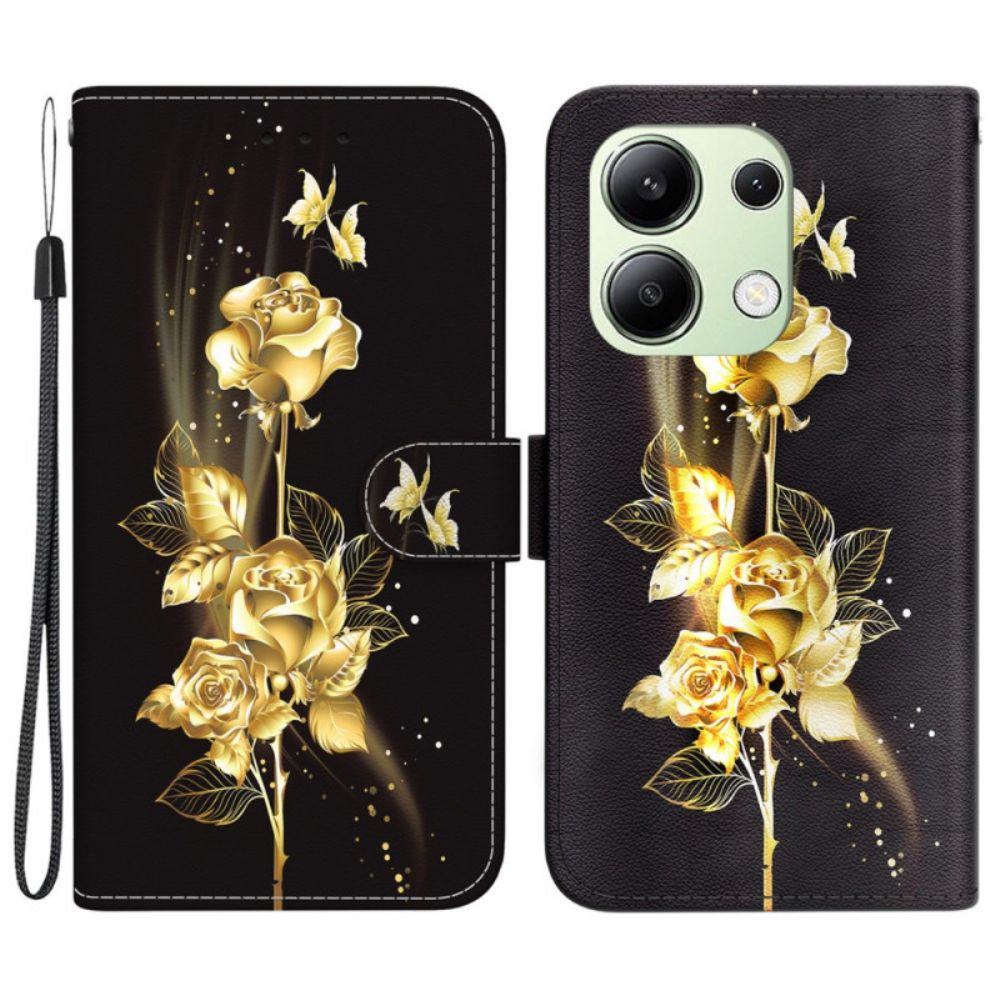 Lederhüllen Xiaomi Redmi Note 13 4g Handyhülle Goldene Schmetterlinge Und Rose Mit Riemen