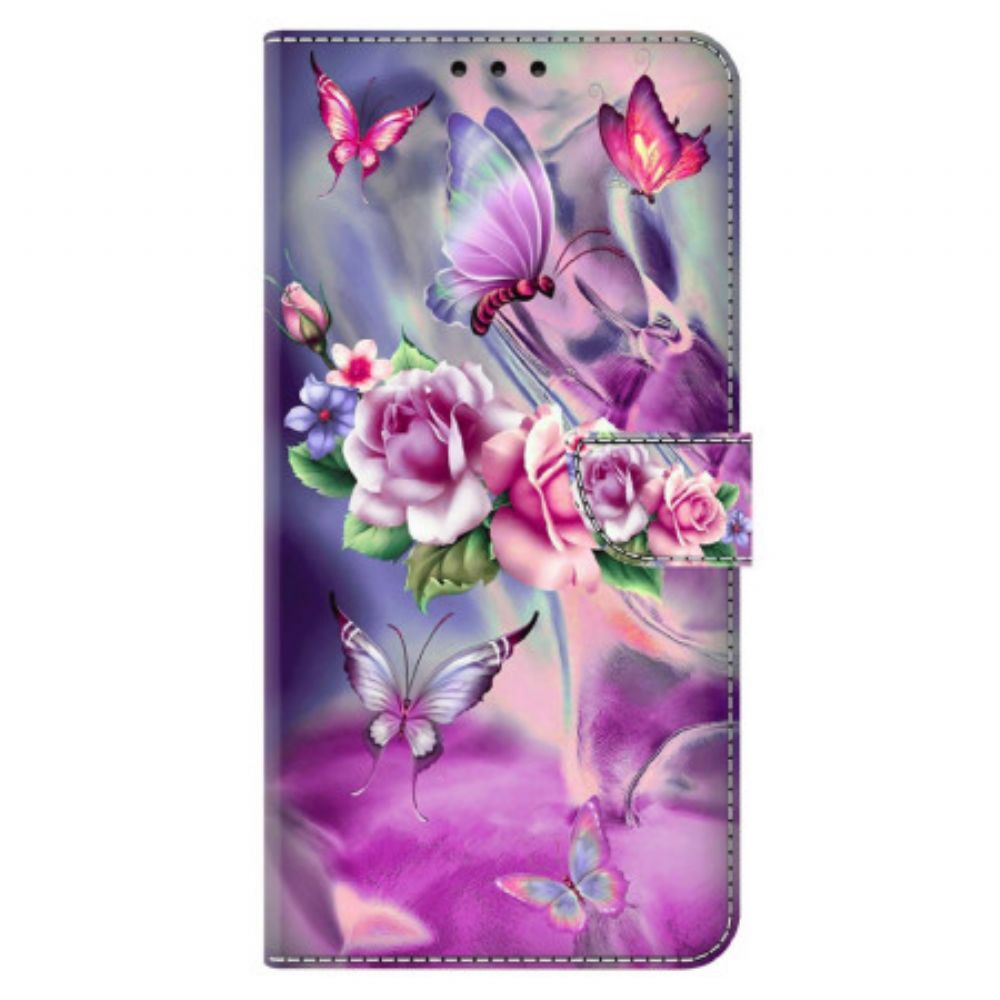 Lederhüllen Xiaomi Redmi Note 13 4g Handyhülle Schmetterlinge Und Violette Blumen