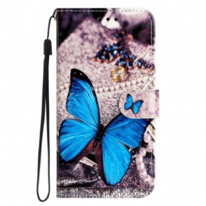 Lederhüllen Motorola Edge 50 Handyhülle Blauer Schmetterling Mit Riemen