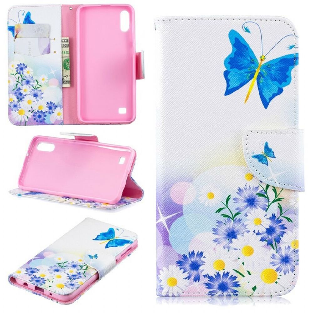 Flip Case Für Samsung Galaxy A10 Gemalte Schmetterlinge Und Blumen