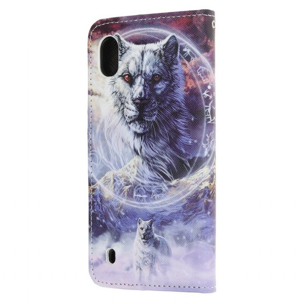 Flip Case Für Samsung Galaxy A10 Winterwolf Mit Lanyard