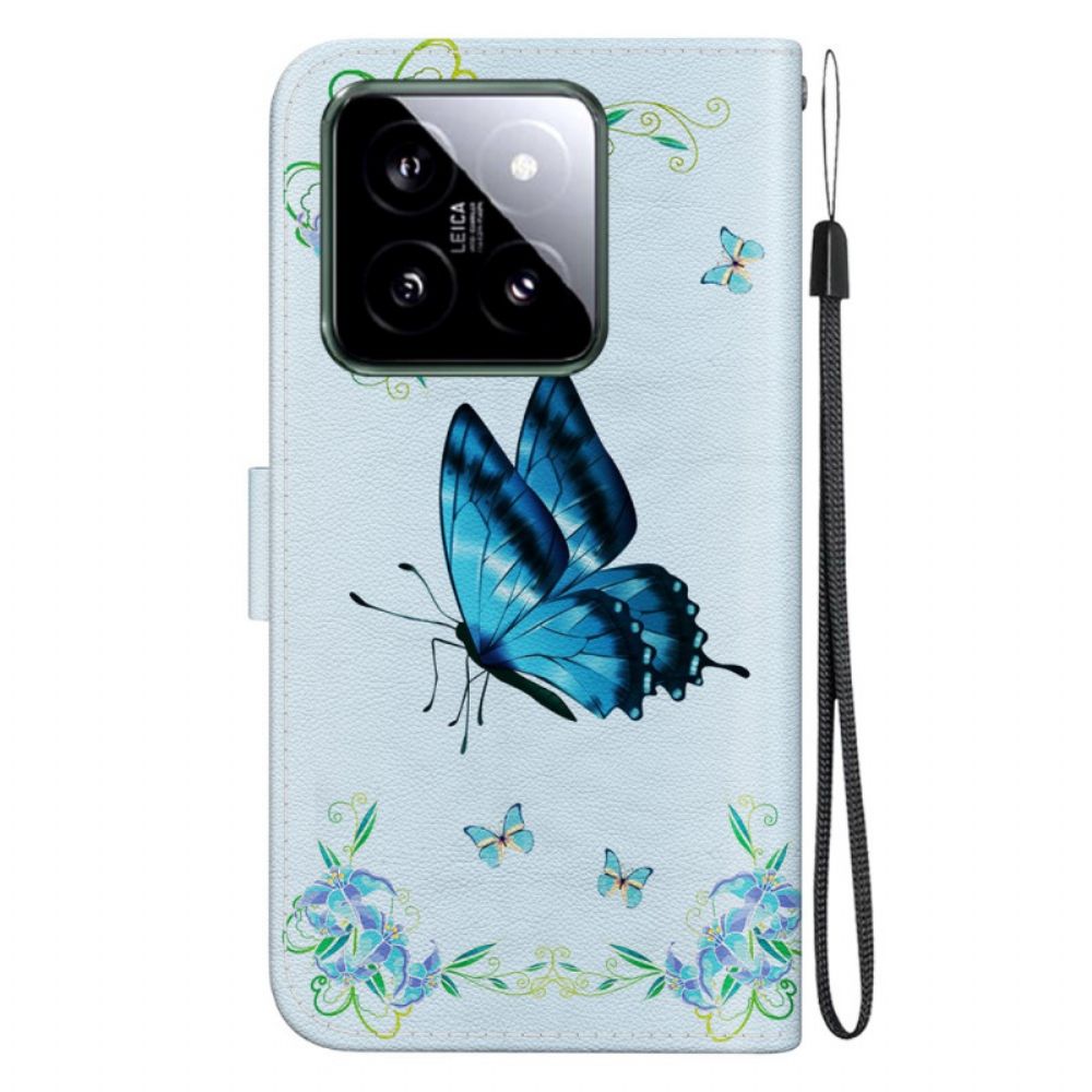 Lederhüllen Xiaomi 14 Blauer Schmetterling Und Blumen