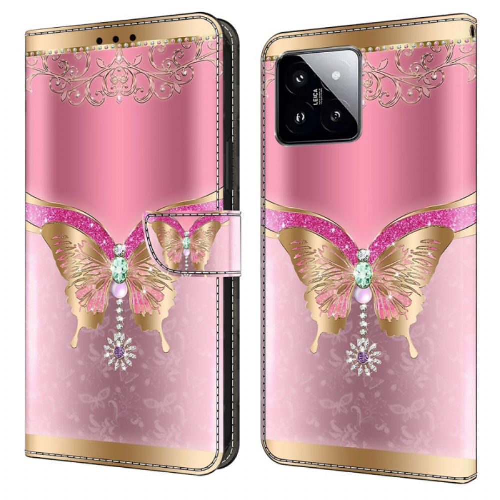 Lederhüllen Xiaomi 14 Gold-rosa Schmetterling