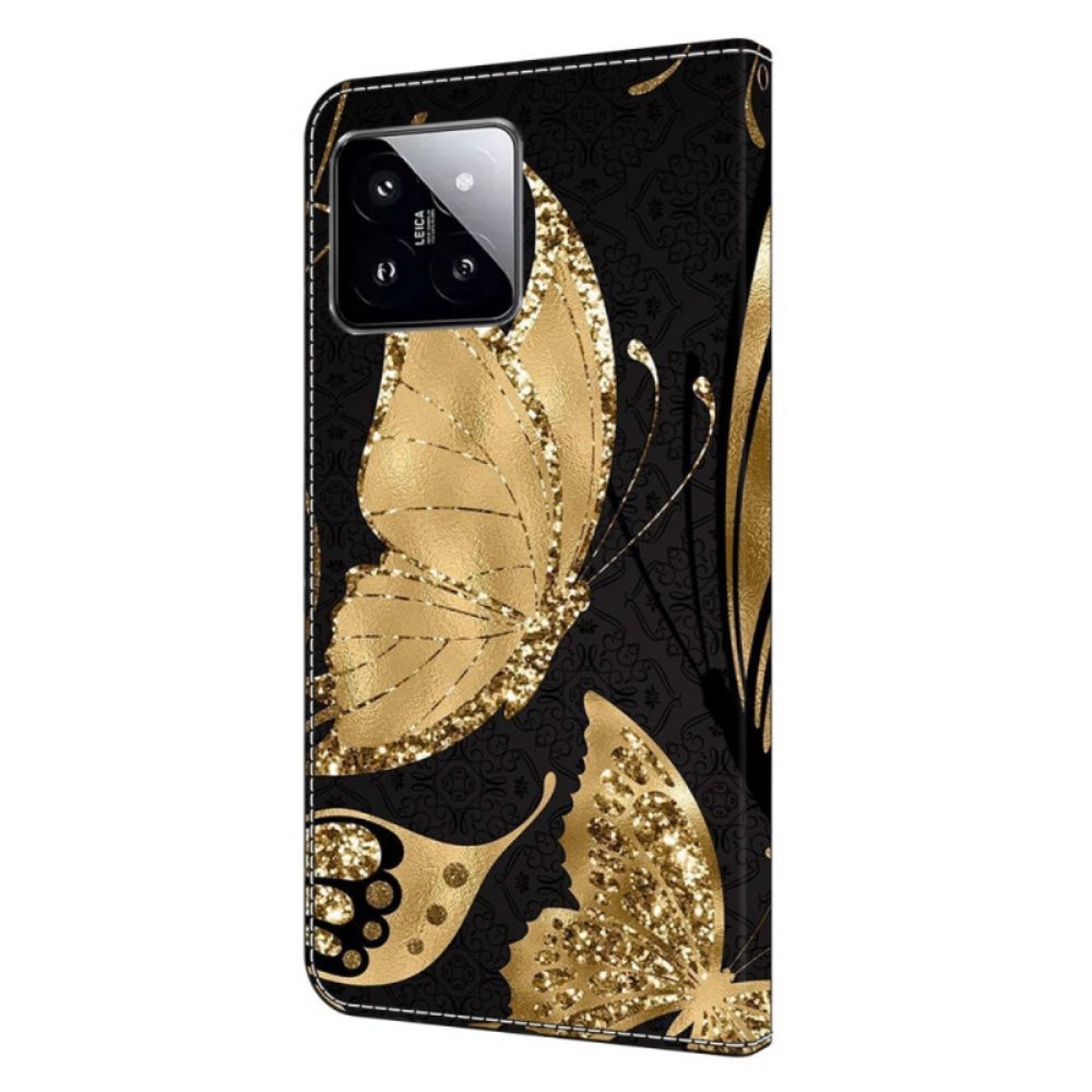 Lederhüllen Xiaomi 14 Handyhülle Goldener Schmetterling