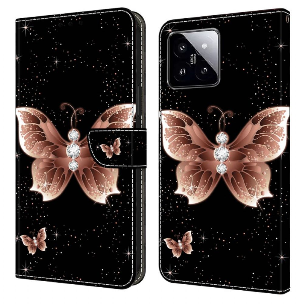 Lederhüllen Xiaomi 14 Handyhülle Rosa Diamant-schmetterling