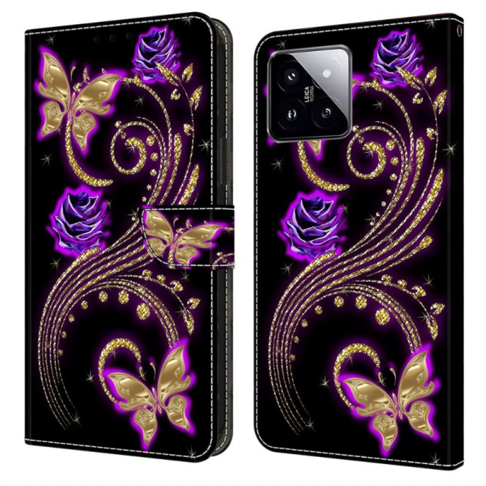 Lederhüllen Xiaomi 14 Lila Blumen Und Schmetterlinge