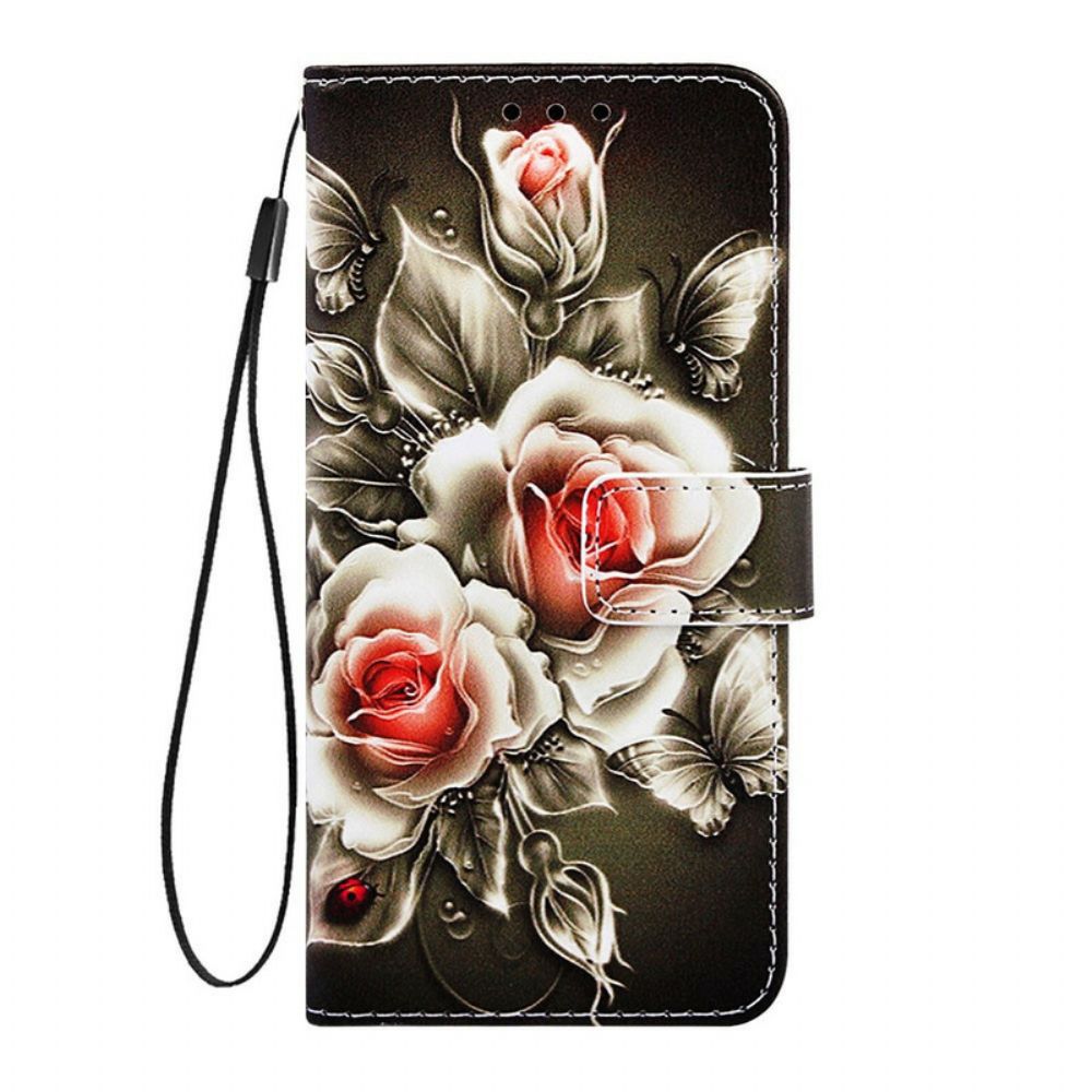 Lederhüllen Für Xiaomi Redmi 7A Mit Kordel Schwarze Rose Mit Riemen