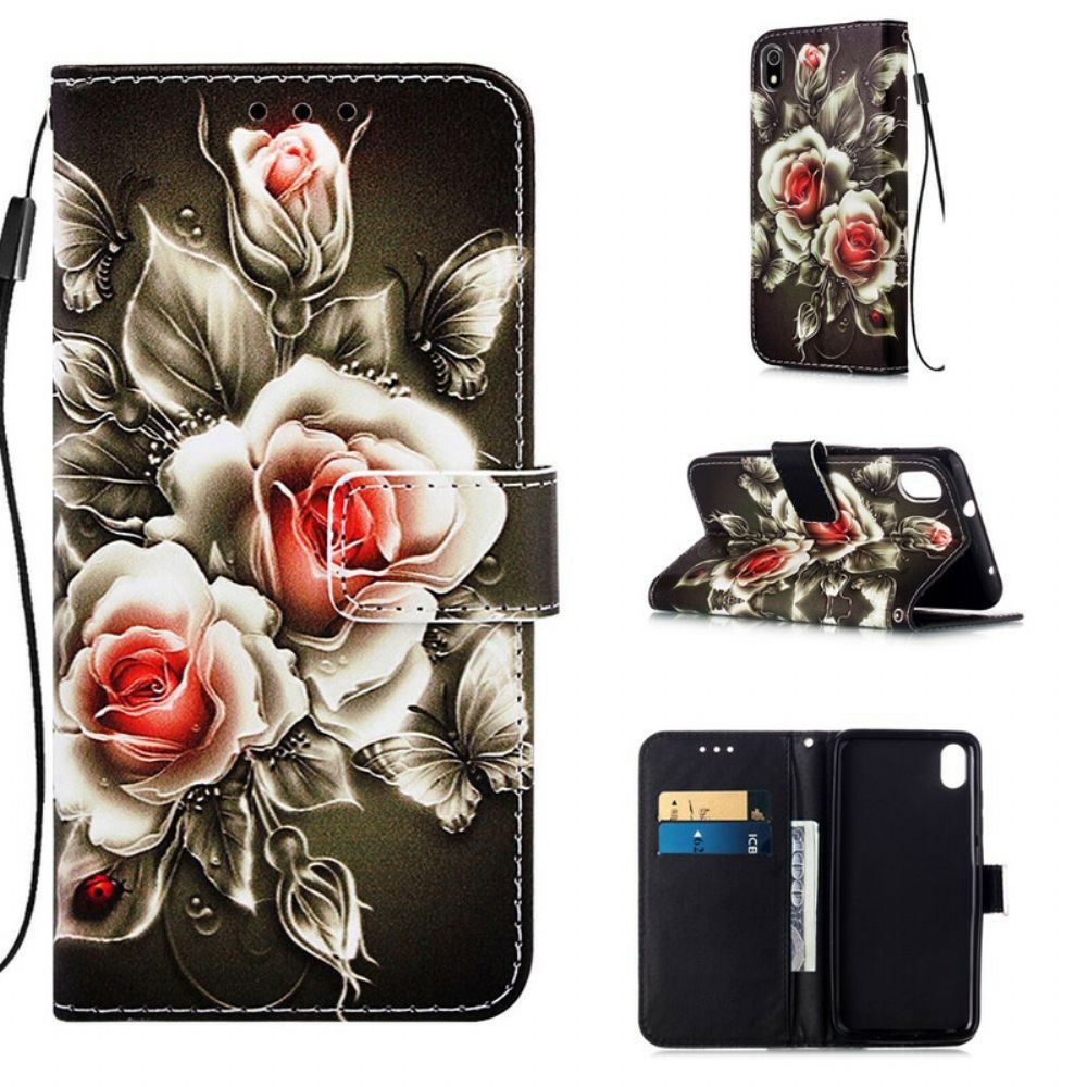 Lederhüllen Für Xiaomi Redmi 7A Mit Kordel Schwarze Rose Mit Riemen