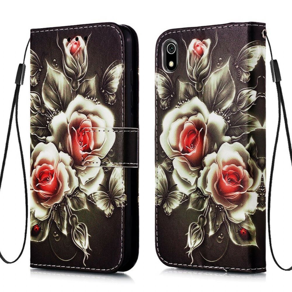 Lederhüllen Für Xiaomi Redmi 7A Mit Kordel Schwarze Rose Mit Riemen