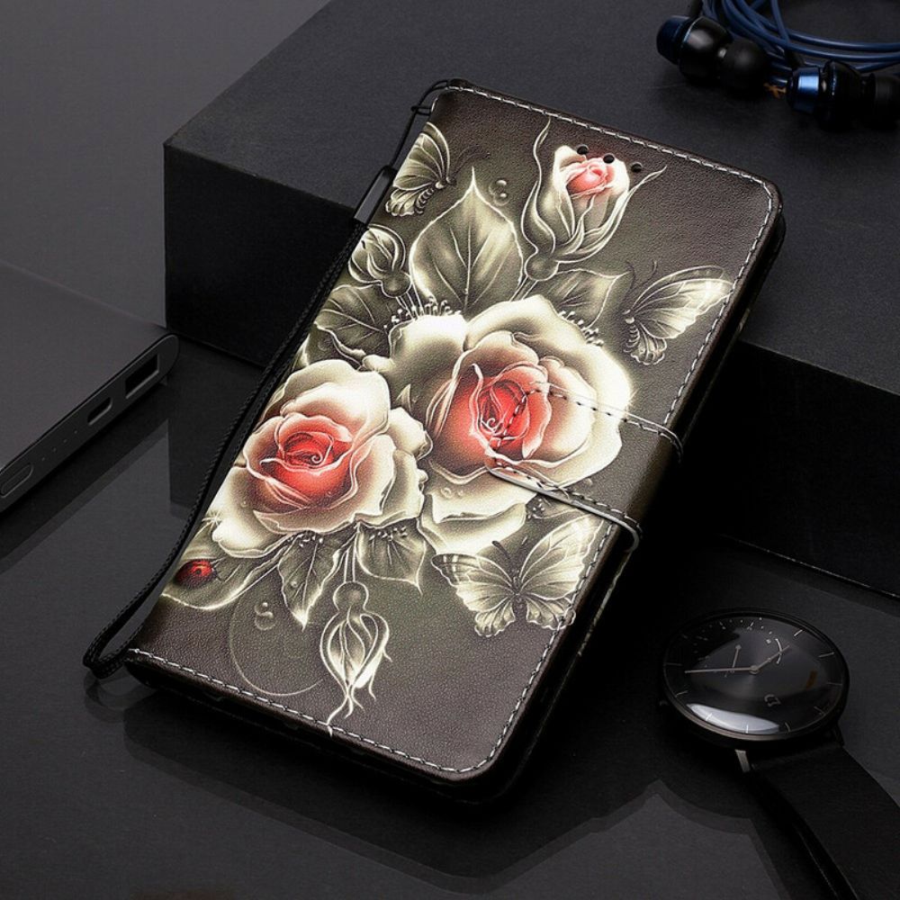 Lederhüllen Für Xiaomi Redmi 7A Mit Kordel Schwarze Rose Mit Riemen