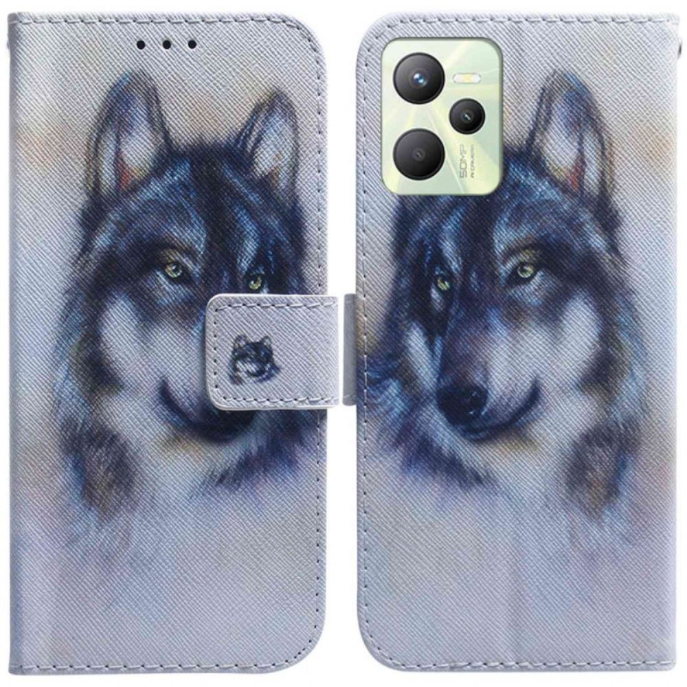 Lederhüllen Für Realme C35 Aquarell Wolf