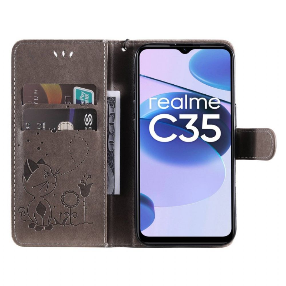 Lederhüllen Für Realme C35 Mit Kordel Katze Blume Biene Riemchen