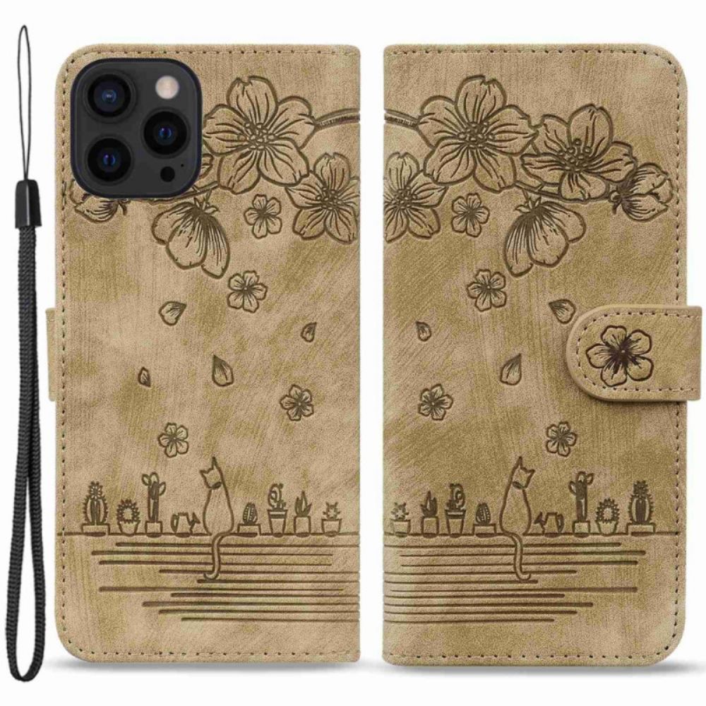 Flip Case Für iPhone 14 Pro Mit Kordel String Cat Print