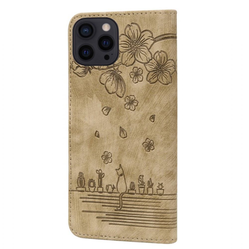 Flip Case Für iPhone 14 Pro Mit Kordel String Cat Print