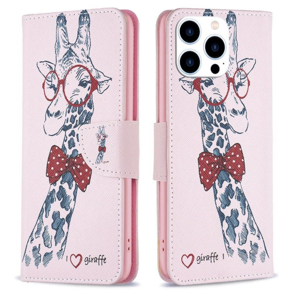 Flip Case Für iPhone 14 Pro Nerdige Giraffe