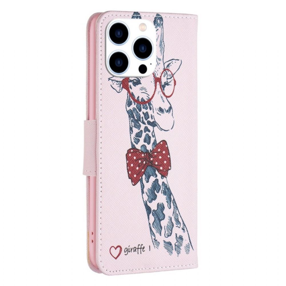 Flip Case Für iPhone 14 Pro Nerdige Giraffe