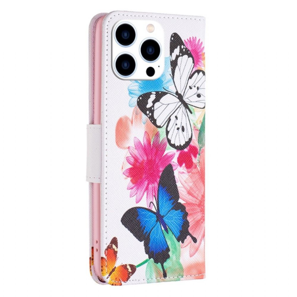 Lederhüllen Für iPhone 14 Pro Aquarell Schmetterlinge