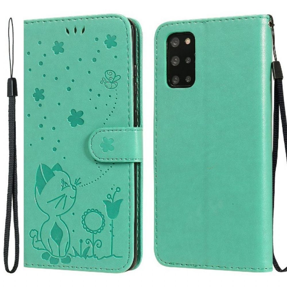 Flip Case Für Samsung Galaxy S20 Plus / S20 Plus 5G Mit Kordel Katze Und Biene Mit Schlüsselband