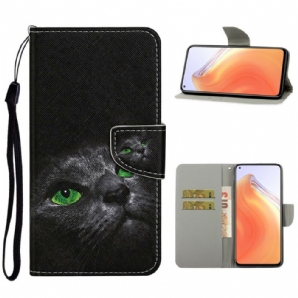 Flip Case Für Xiaomi Mi 10T / 10T Pro Grünäugige Katze Mit Lanyard