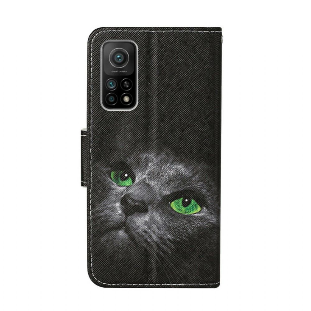 Flip Case Für Xiaomi Mi 10T / 10T Pro Grünäugige Katze Mit Lanyard