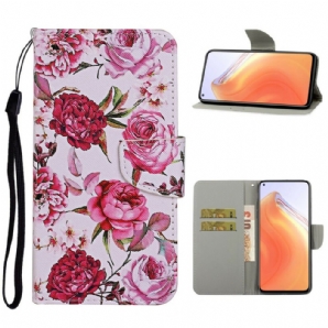 Flip Case Für Xiaomi Mi 10T / 10T Pro Meisterhafte Blumen Mit Riemen