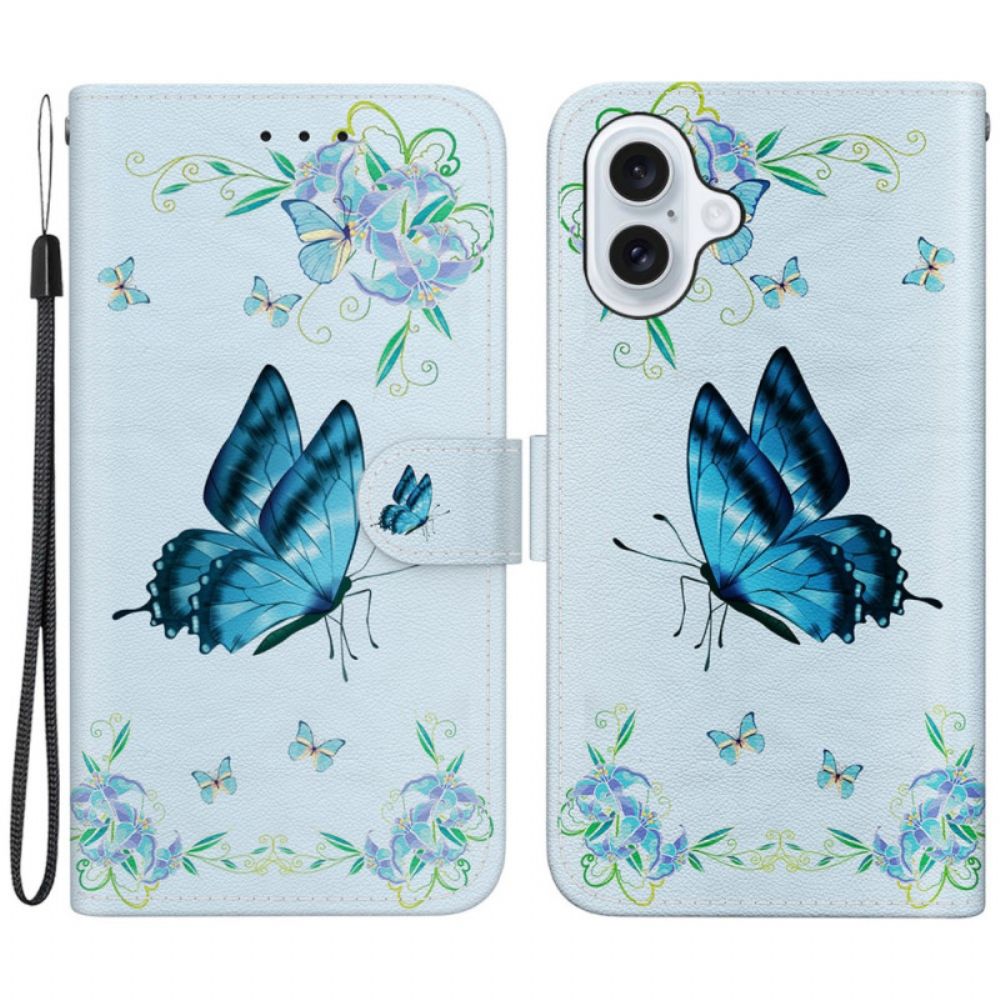 Lederhüllen Für iPhone 16 Plus Blaue Schmetterlinge Und Blumen Mit Riemen