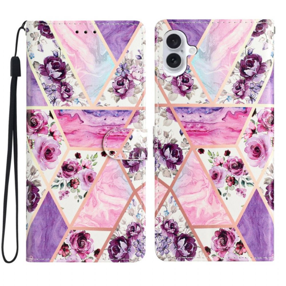 Lederhüllen Für iPhone 16 Plus Marmorviolette Blumen Mit Riemen