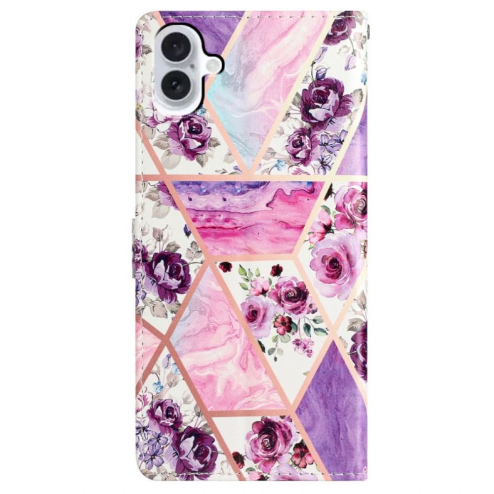 Lederhüllen Für iPhone 16 Plus Marmorviolette Blumen Mit Riemen