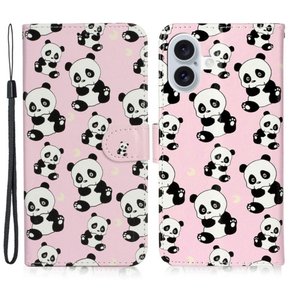 Lederhüllen Für iPhone 16 Plus Schlüsselband Pandas