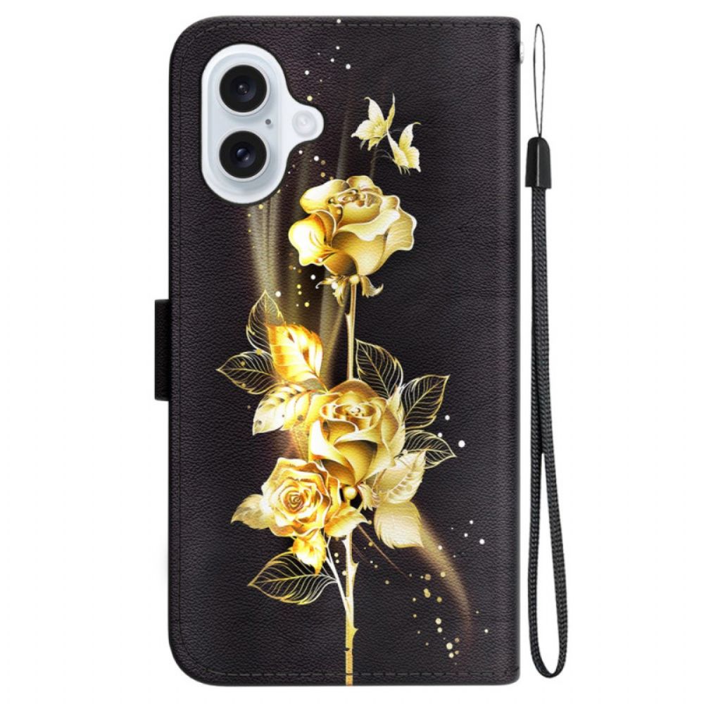 Lederhüllen iPhone 16 Plus Handyhülle Goldene Und Rosa Schmetterlinge Mit Riemen