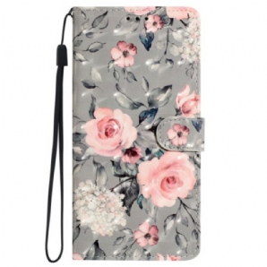 Lederhüllen iPhone 16 Plus Handyhülle Rosa Blumen Mit Riemen