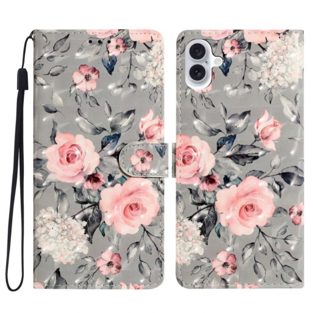 Lederhüllen iPhone 16 Plus Handyhülle Rosa Blumen Mit Riemen