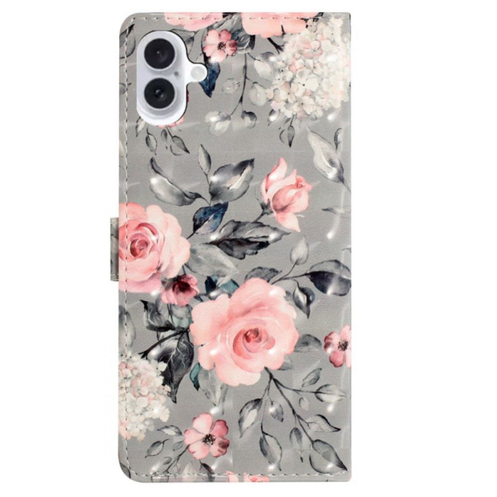 Lederhüllen iPhone 16 Plus Handyhülle Rosa Blumen Mit Riemen