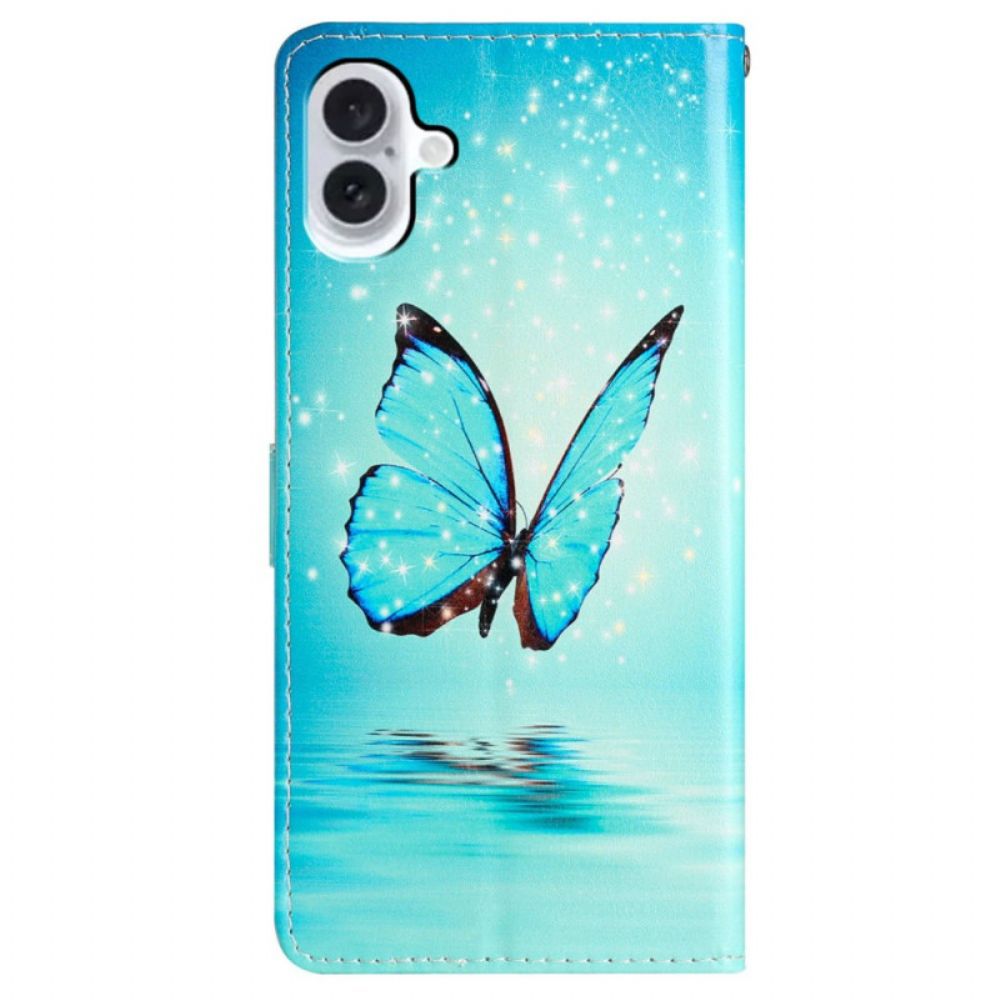 Lederhüllen iPhone 16 Plus Schmetterling Auf Dem Wasser Mit Riemen