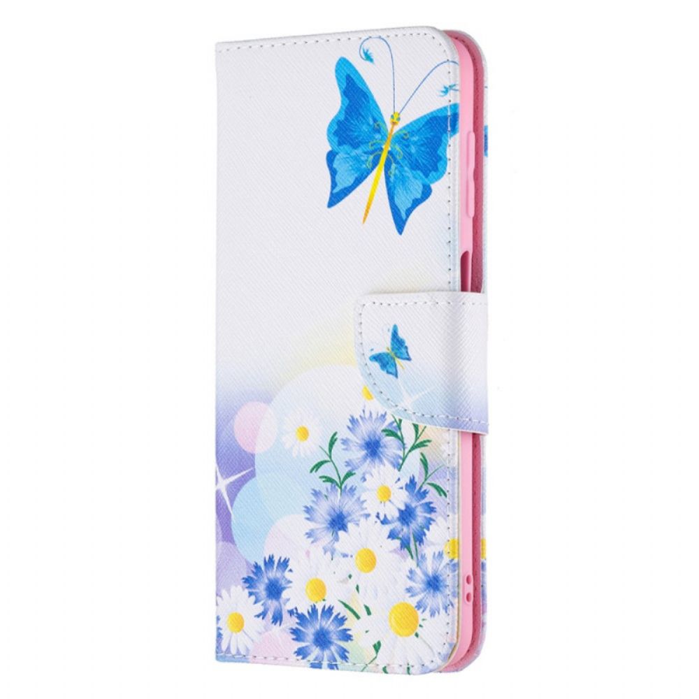 Flip Case Für Samsung Galaxy M32 Gemalte Schmetterlinge Und Blumen