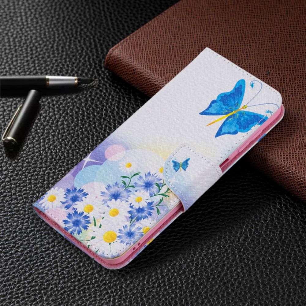 Flip Case Für Samsung Galaxy M32 Gemalte Schmetterlinge Und Blumen