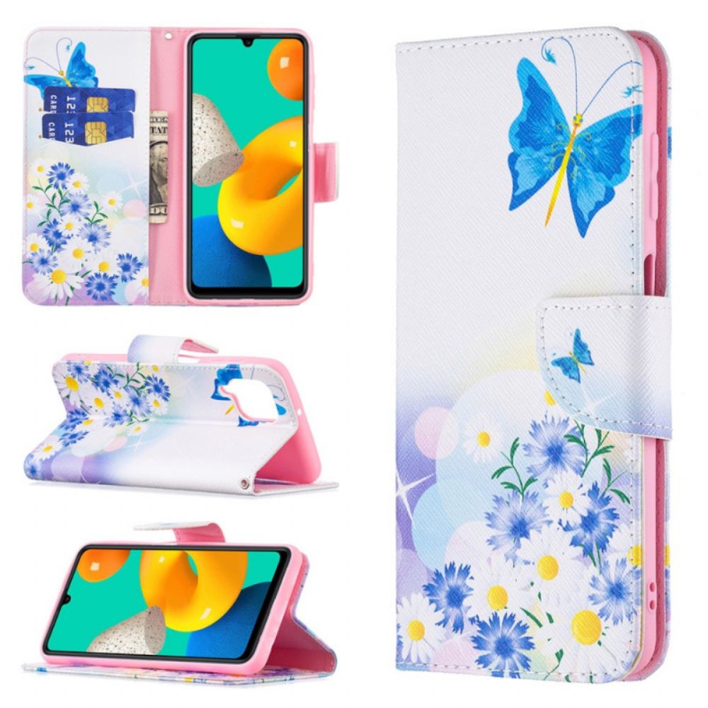 Flip Case Für Samsung Galaxy M32 Gemalte Schmetterlinge Und Blumen