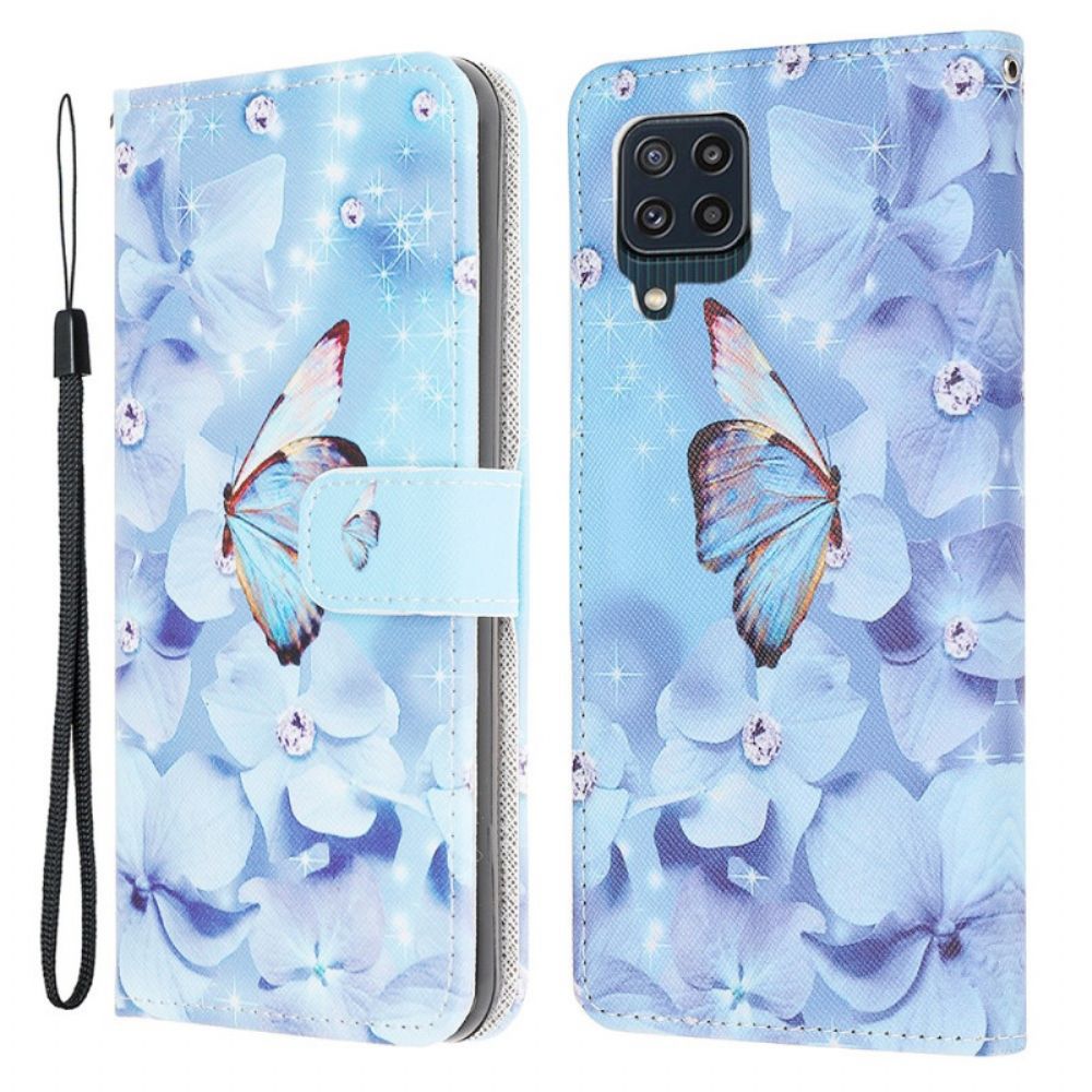 Flip Case Für Samsung Galaxy M32 Mit Kordel Diamantband Schmetterlinge