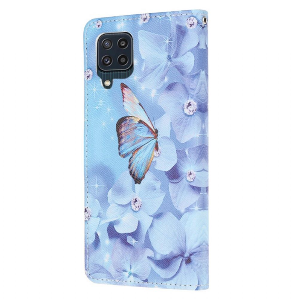 Flip Case Für Samsung Galaxy M32 Mit Kordel Diamantband Schmetterlinge