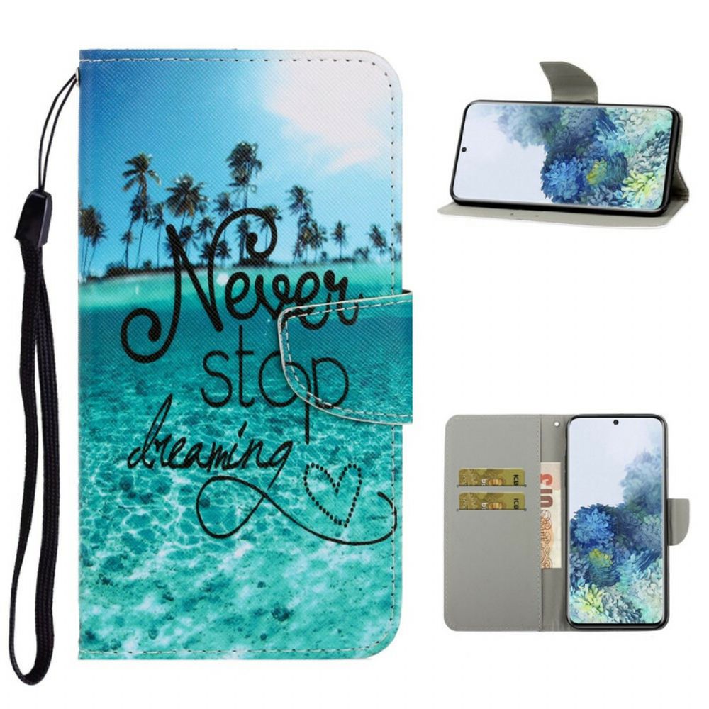 Flip Case Für Samsung Galaxy S21 Plus 5G Mit Kordel Hören Sie Nie Auf Zu Träumen Marineblaues Riemchen