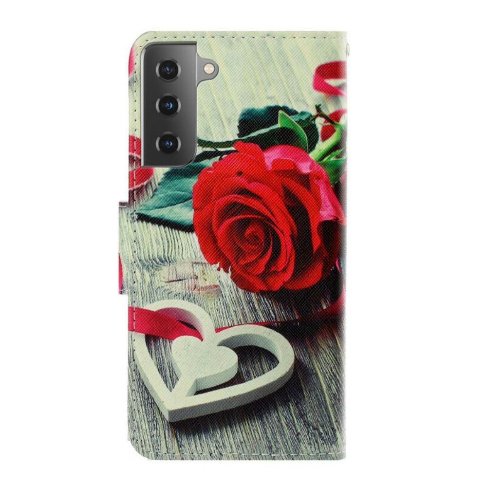 Flip Case Für Samsung Galaxy S21 Plus 5G Mit Kordel Romantische Riemchenrose