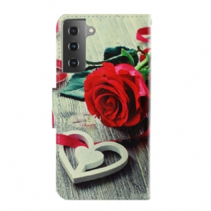 Flip Case Für Samsung Galaxy S21 Plus 5G Mit Kordel Romantische Riemchenrose