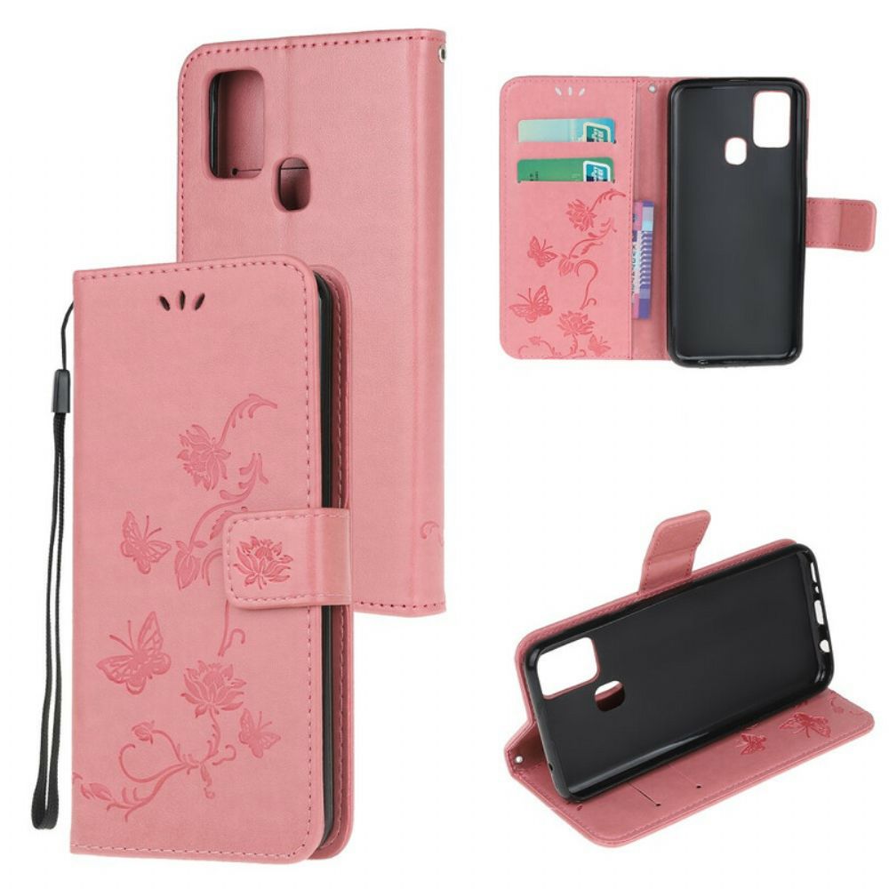 Flip Case Für Samsung Galaxy M21 Mit Kordel Tanga Schmetterlinge Und Blumen