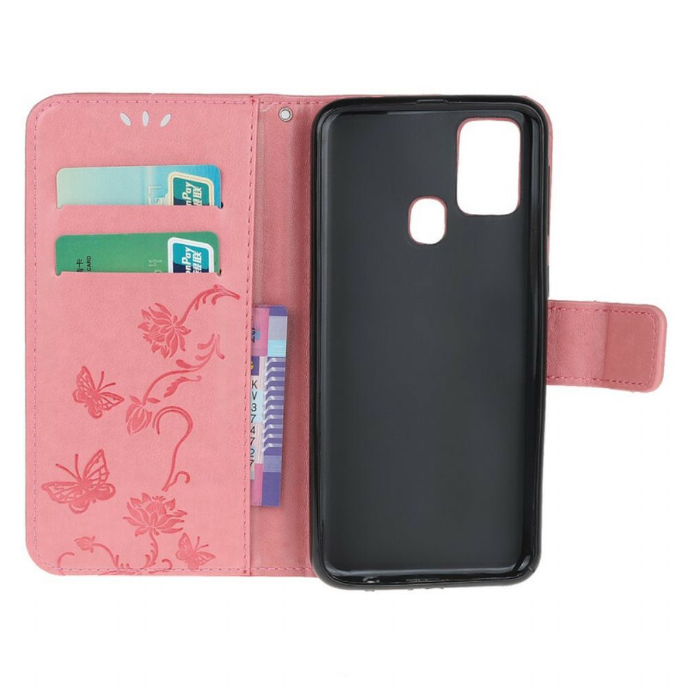 Flip Case Für Samsung Galaxy M21 Mit Kordel Tanga Schmetterlinge Und Blumen